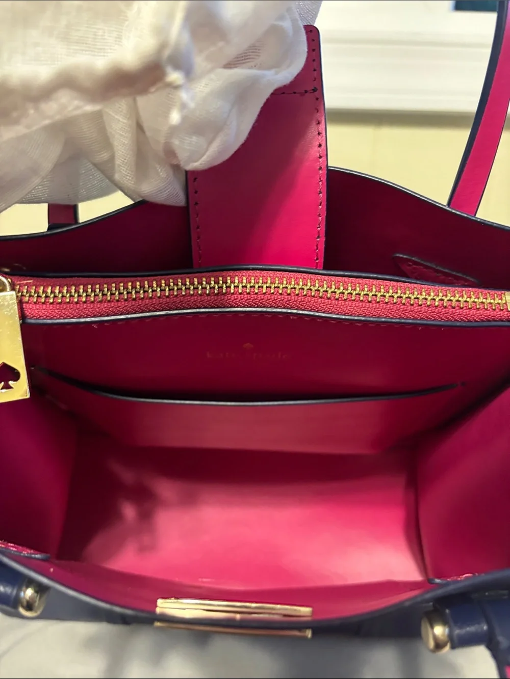 EUC Kate Spade Arbour Hill Small Elodie Leather Satchel Tote Navy Fuchsia